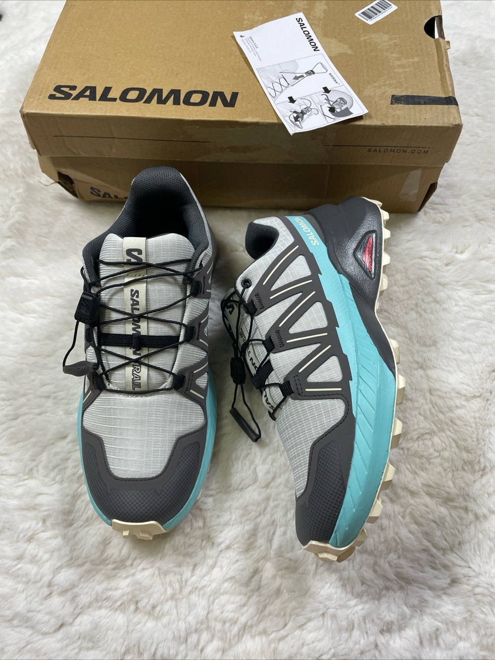 NWB Salomon Women's Light Gray and Teal Trail Runners, Size 5.5
